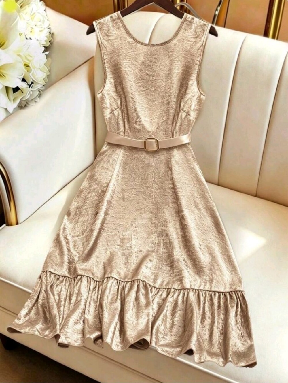Women Summer Woven Metallic Sleeveless Backless Tie Waist A-Line Ruffled